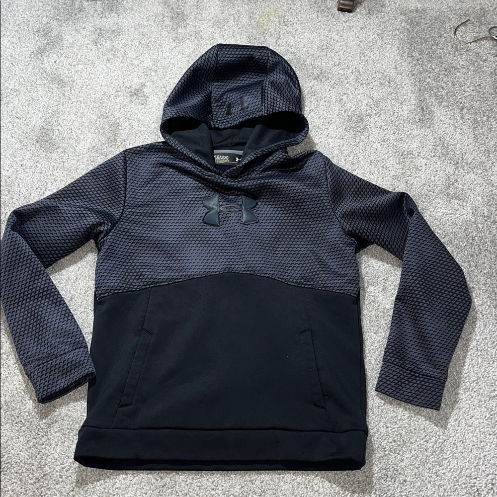 Boys Youth Black Steel Plate Print Hooded Hoodie Sweatshirt L Under Armour Storm